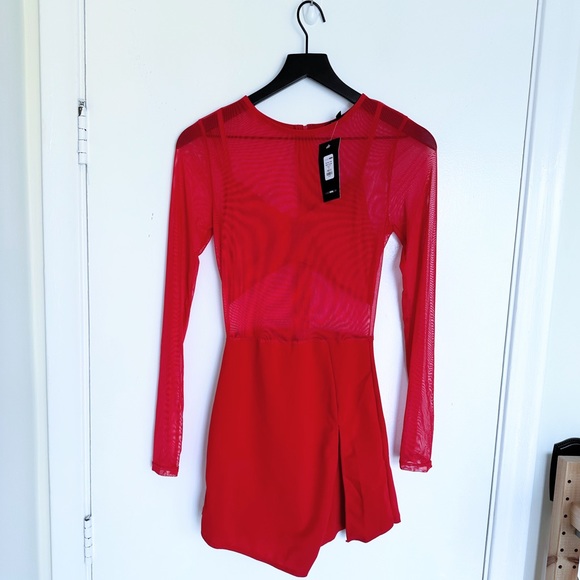 Fashion Nova Blurred Lines Mesh Romper, Red - Picture 3 of 10